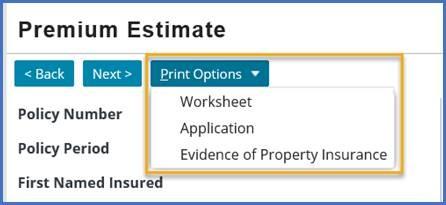 Screen shot of Premium Estimate screen