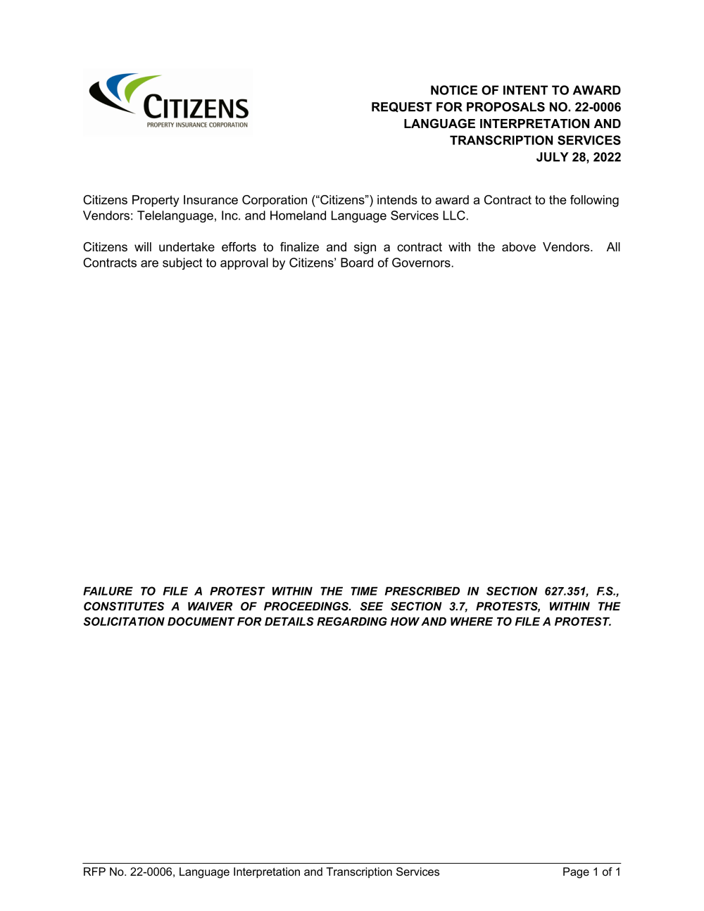 RFP 22-0006 Intent to Award.docx - Public - Citizens Property Insurance  Corporation