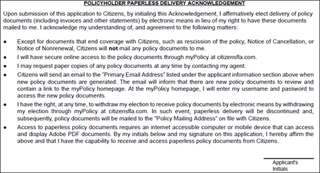 Policyholder Paperless Delivery Acknowledgement application statement