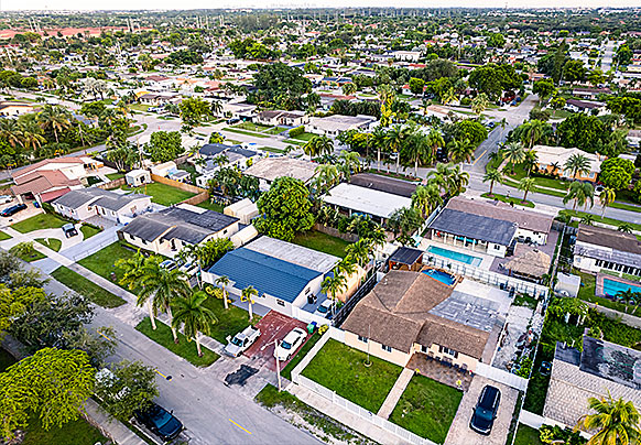 Aerial view of homes in a town