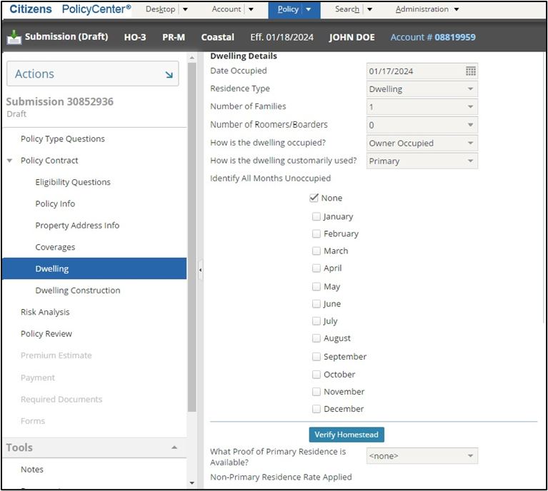 New Verify Homestead button near the bottom of the Dwelling screen in PolicyCenter.
