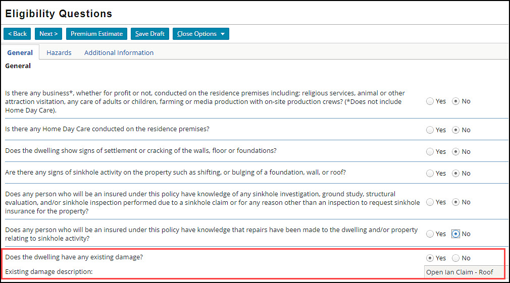PolicyCenter Eligibility Questions screen indicating existing damage