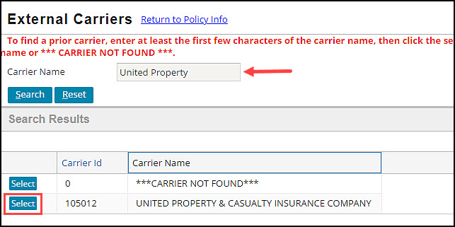 PolicyCenter External Carriers screen with UPC’s Carrier ID and Name