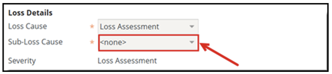 Loss Details screen highlighting Sub-Loss Cause