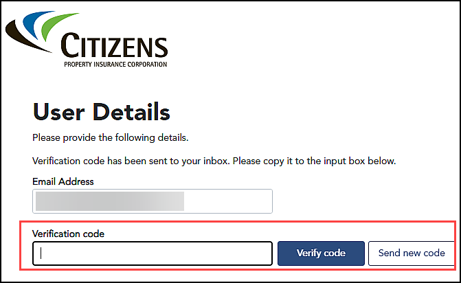 Verification code field, Verify code and Send new code buttons on the User Details screen