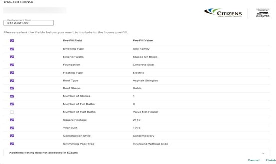 Pre-Fill Home screen displays property details