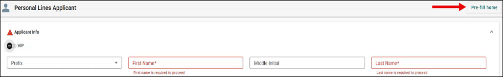 Pre-fill home button on the EZLynx Personal Lines Applicant screen