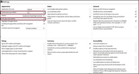 Settings screen: Fields to change the spacing and left-align the toolbar