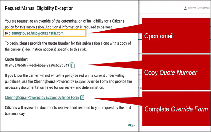 Request Manual Eligibility Exception instructions in EZLynx