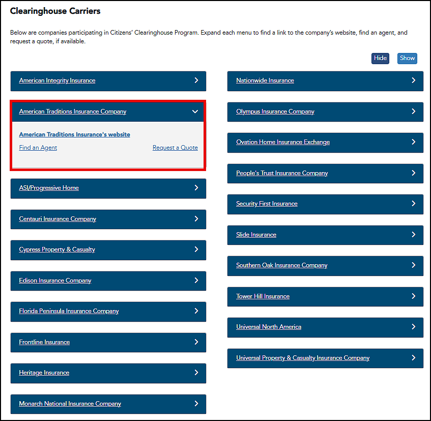  Clearinghouse Carriers page on the Public website