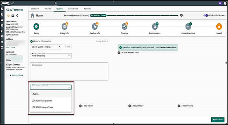 Rating tab in EZLynx with Citizens Agent of Record Selection