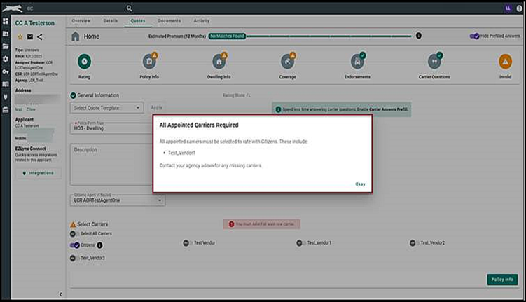 Screenshot of All Appointed Carriers Required error