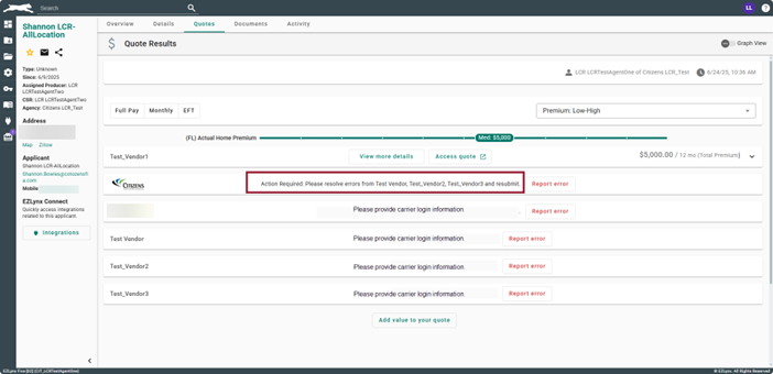 Screenshot of quote result error on the Quote Results screen
