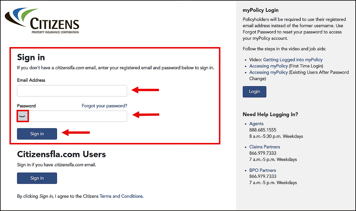 Email Address and Password fields, eye icon, and Sign in button