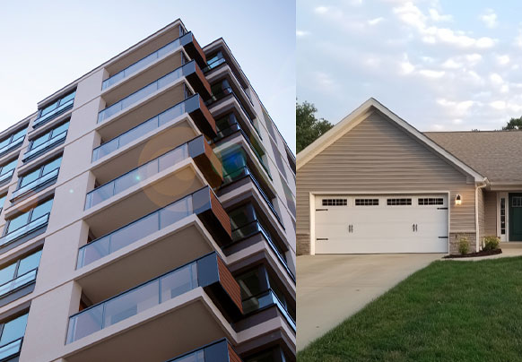 condo building on the left, house on the right