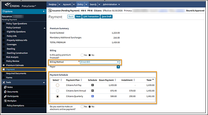 Payment screen for selecting payment plan.