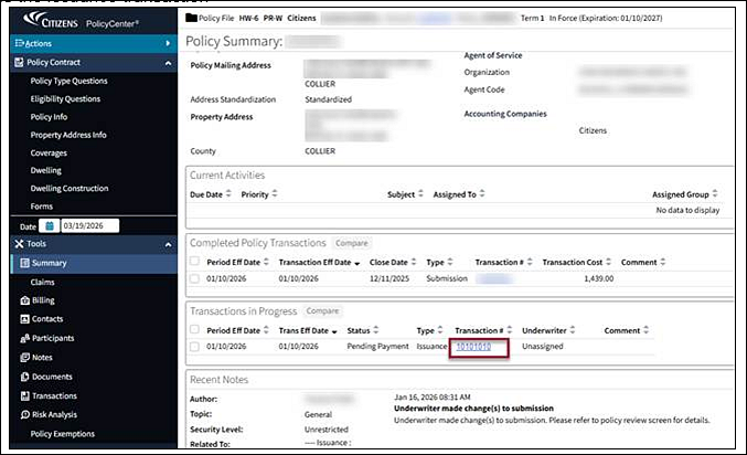 Access the issuance transaction located on the Policy Summary screen.