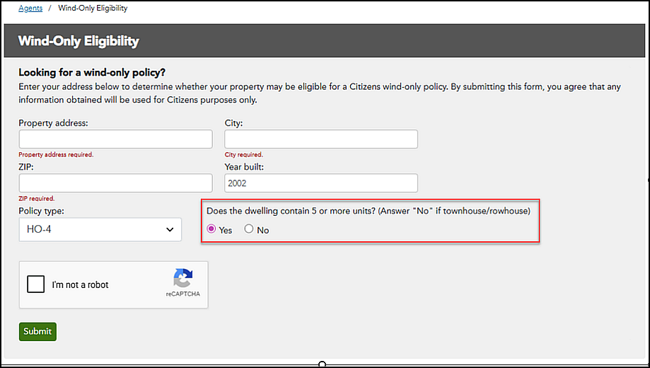 Wind-Only Eligibility screen