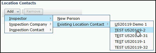 Screenshot of Add Location Contacts drop-down options on the Location Information screen