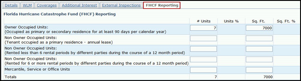 Screenshot of FHCF Reporting tab and table