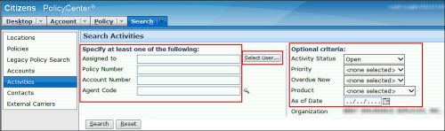 Screenshot of the Search Activities screen