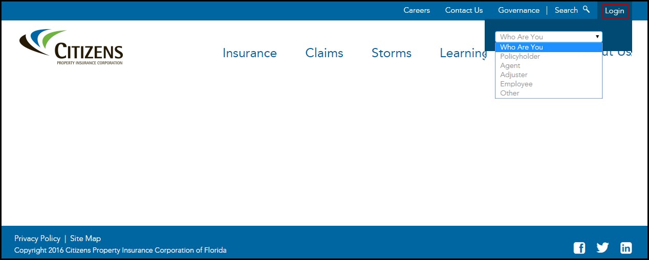 screen shot of login menu