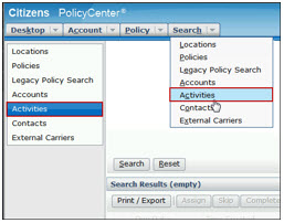 Screenshot of the Activities search options