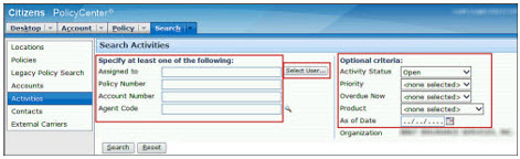Screenshot of the Search Activities screen