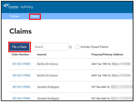 Screenshot of myPolicy Claims screen 