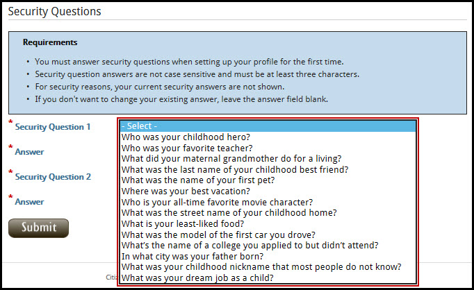 Security question screen