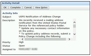 Screenshot of the USPS Notification of Address Change Activity Detail