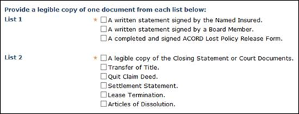 Screenshot of the required document list for wind-only policies